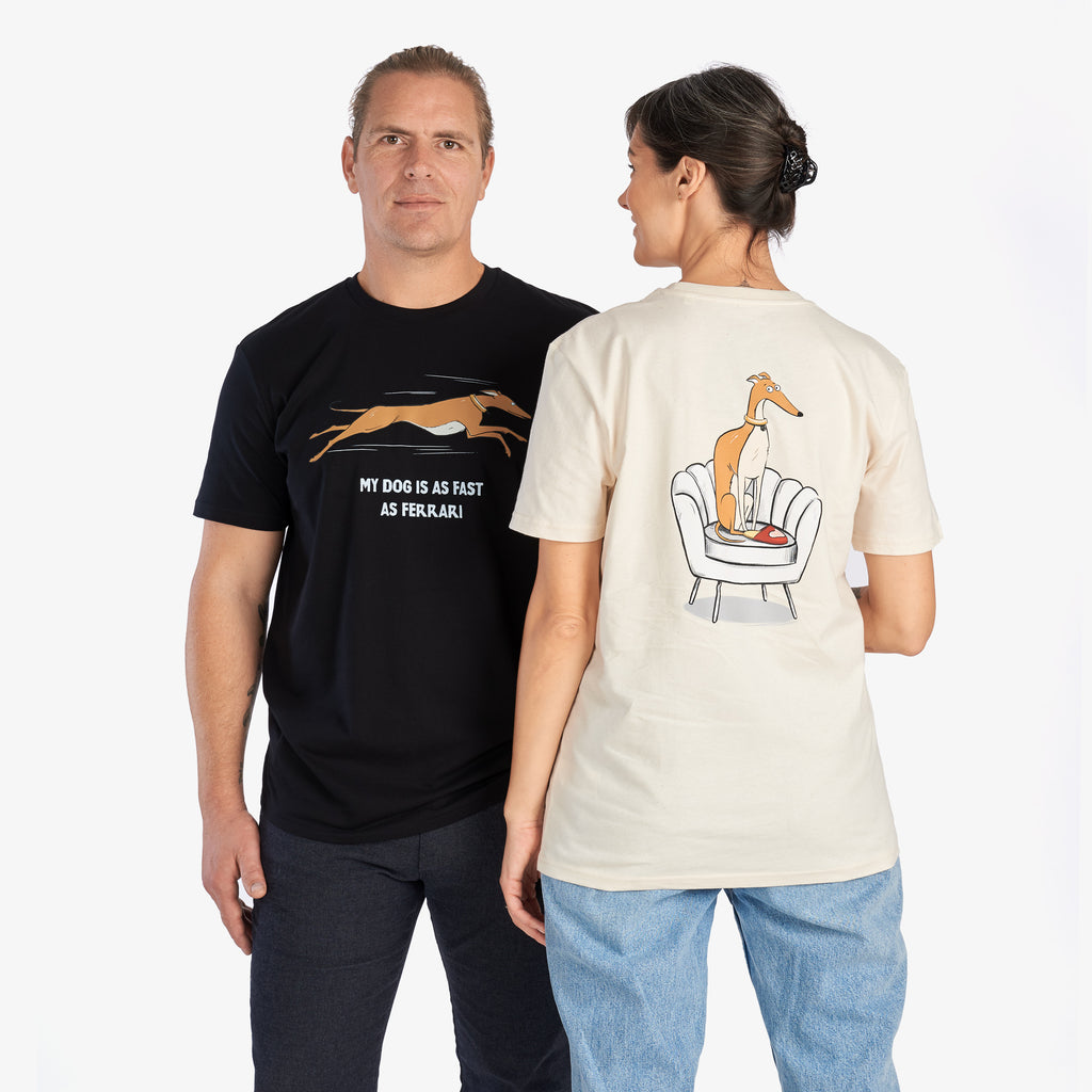 Couple T-Shirts “My Dog Is as Fast as Ferrari” & “Who’s the Boss” — Men’s Black, Women’s Beige (Front & Back Prints)