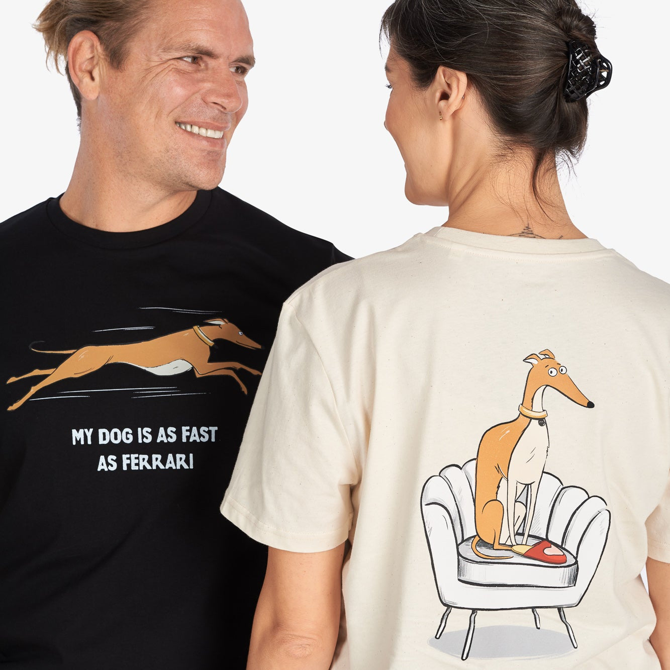 Couple T-Shirts “My Dog Is as Fast as Ferrari” & “Who’s the Boss” — Men’s Black, Women’s Beige (Front & Back Prints)