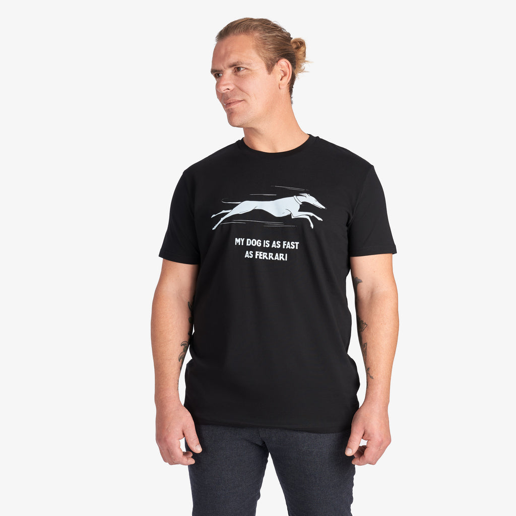 Black T-Shirt “My Dog Is as Fast as Ferrari” (Front Graphic)