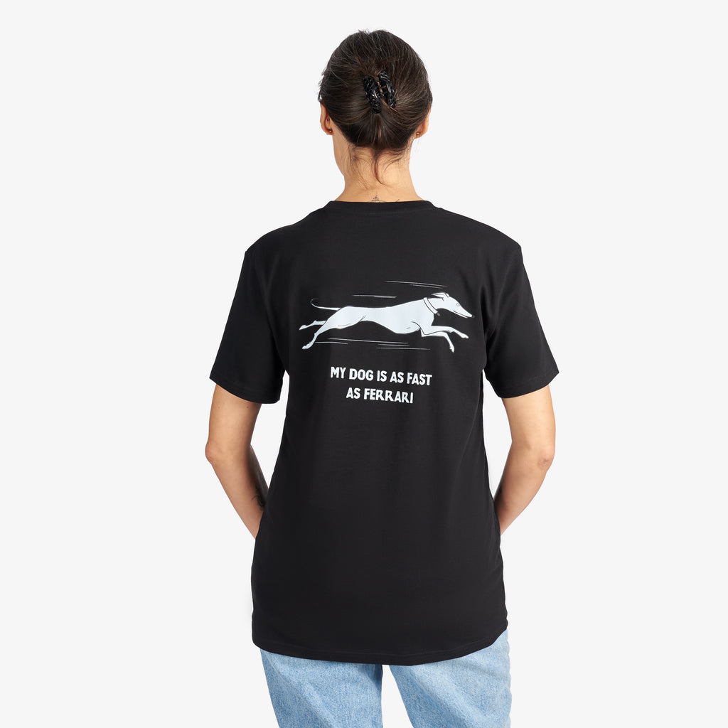 Black T-Shirt “My Dog Is as Fast as Ferrari” (Back Graphic)