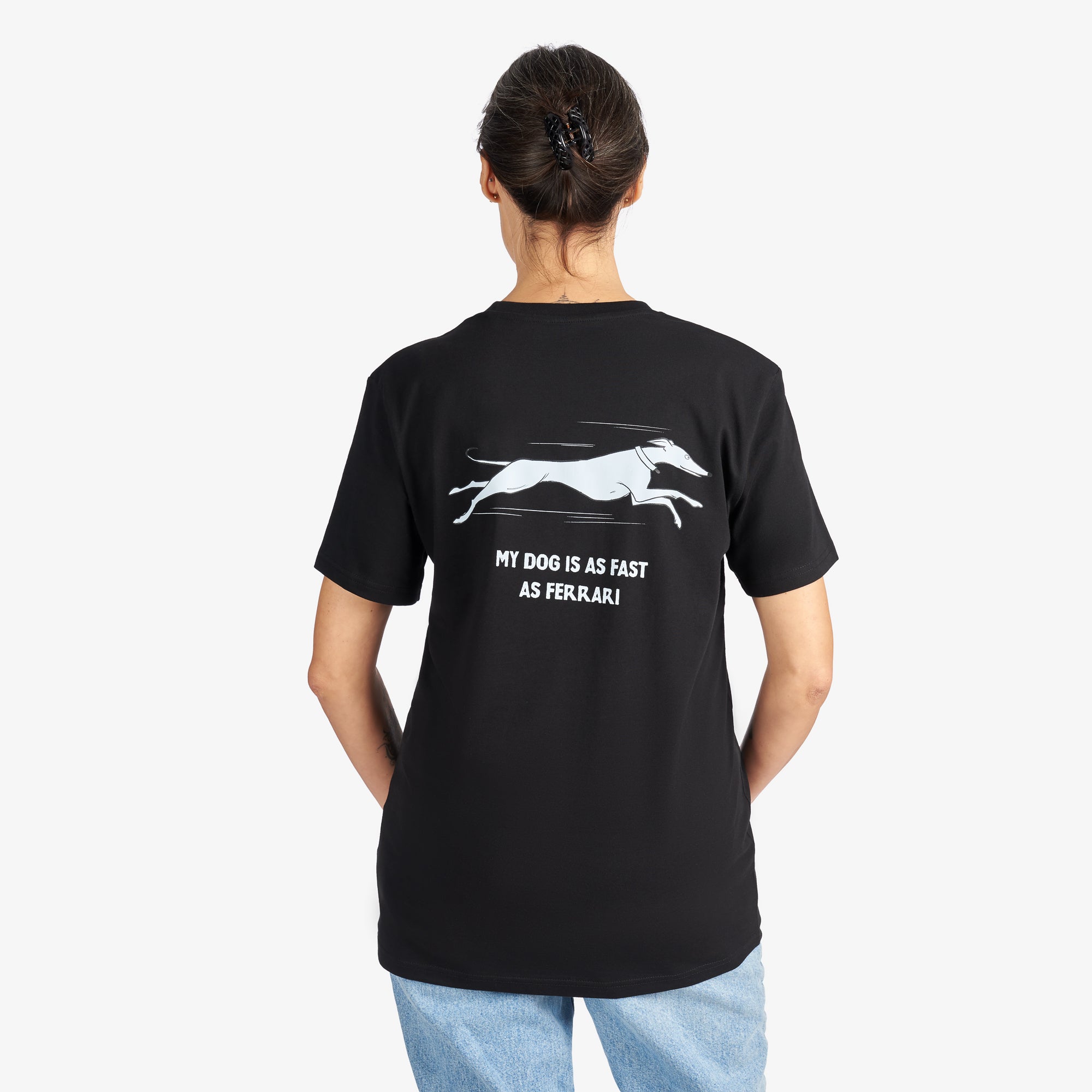 Black T-Shirt “My Dog Is as Fast as Ferrari” (Back Graphic)