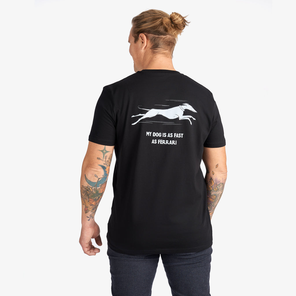 Black T-Shirt “My Dog Is as Fast as Ferrari” (Back Graphic)