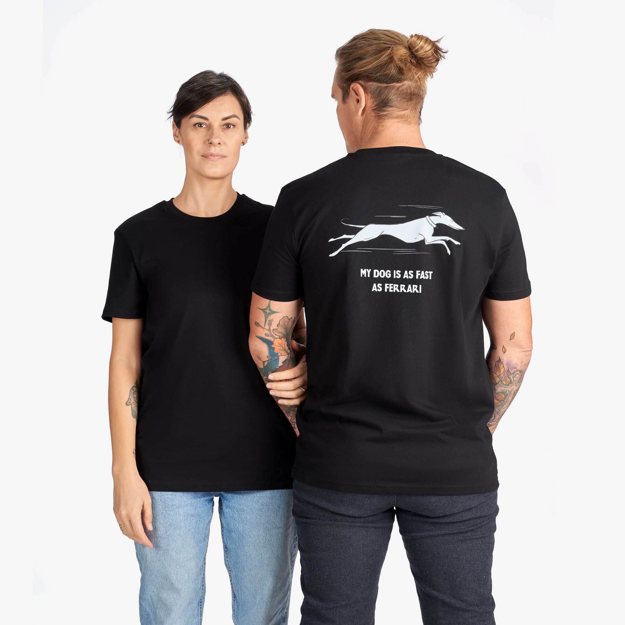 Black Couple T-Shirts “My Dog Is as Fast as Ferrari” (Back Graphic)
