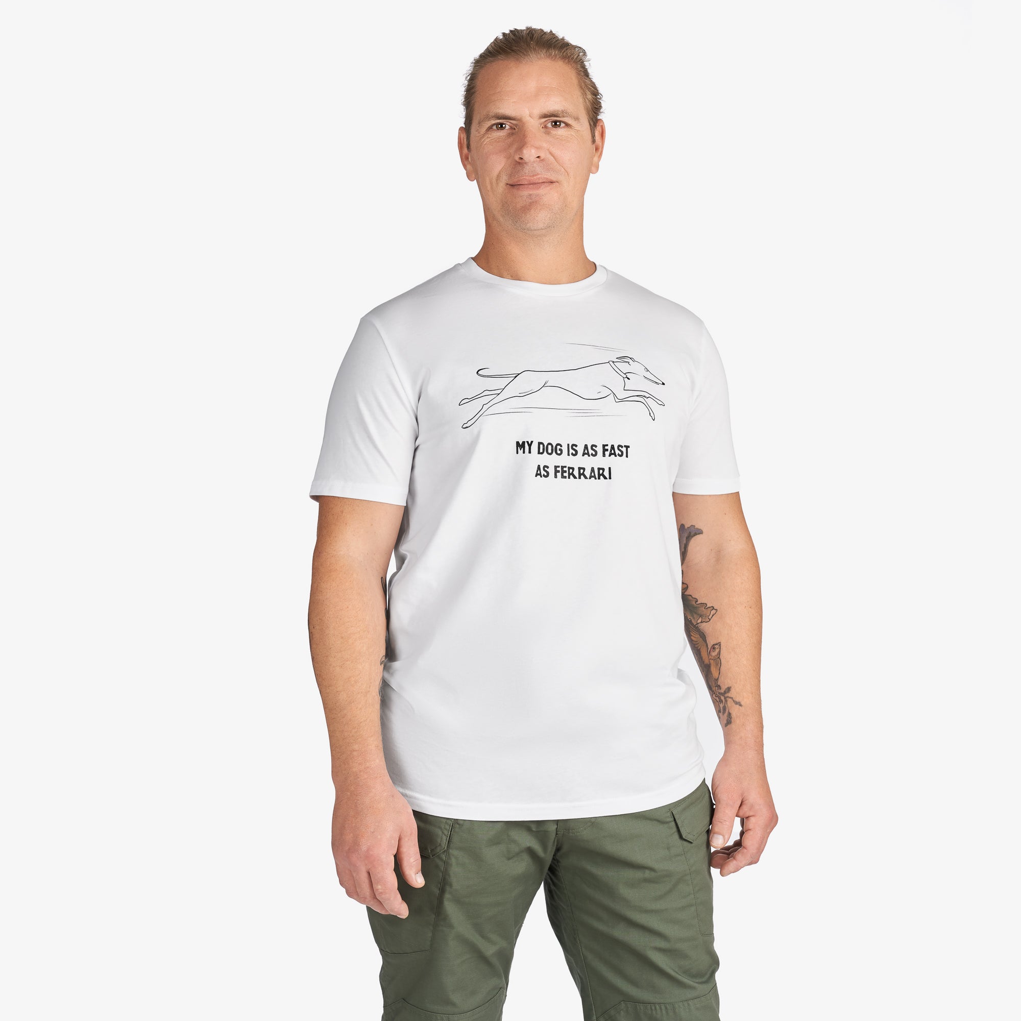 White T-Shirt “My Dog Is as Fast as Ferrari” (Front Graphic)