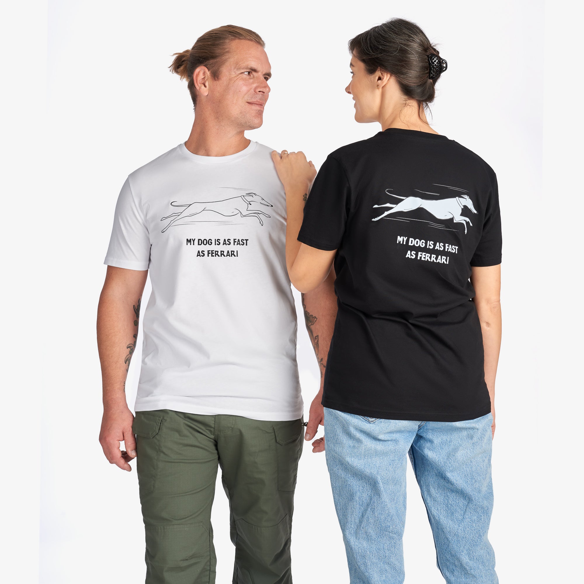 Couple T-Shirts “My Dog Is as Fast as Ferrari” — Men’s White & Women’s Black