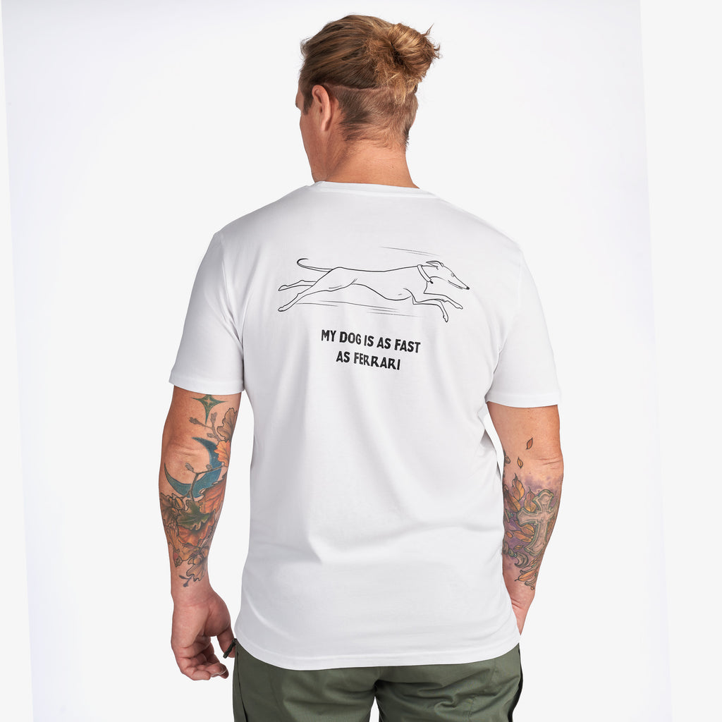 White T-Shirt “My Dog Is as Fast as Ferrari” (Graphic on Back)