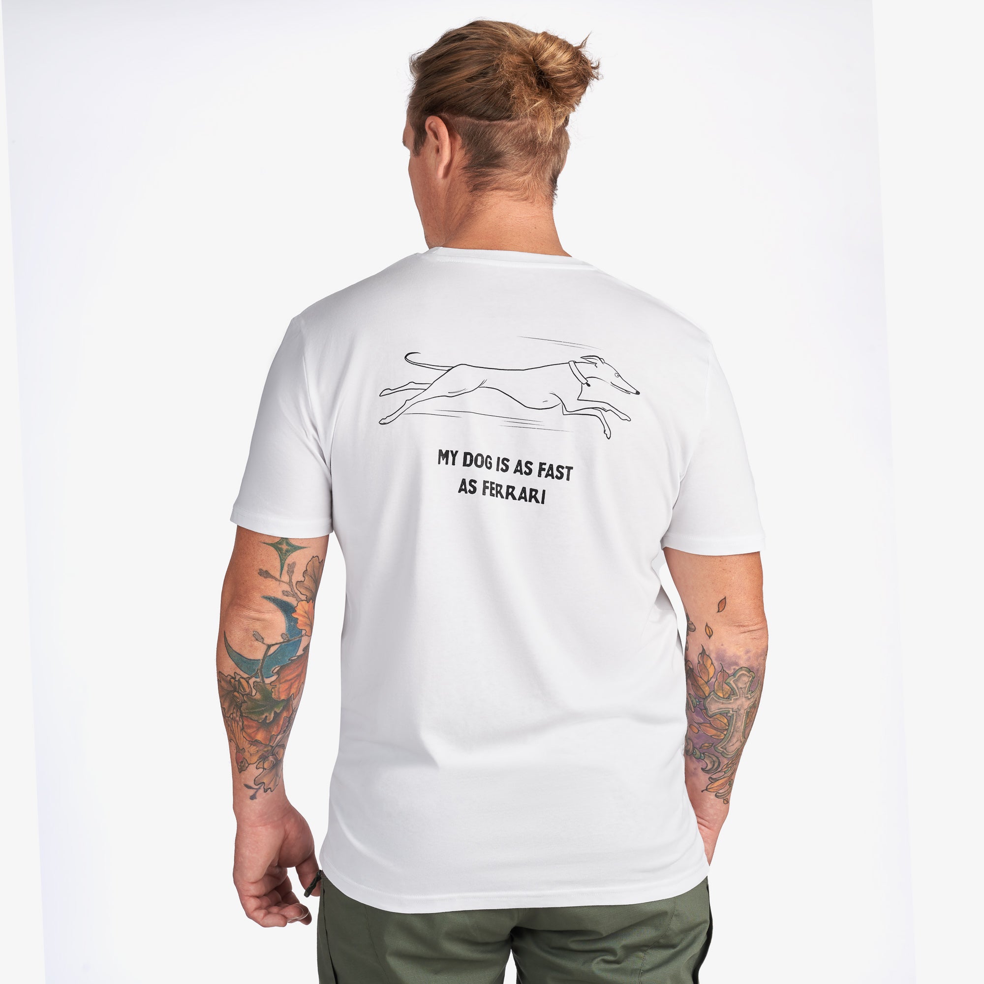 White T-Shirt “My Dog Is as Fast as Ferrari” (Graphic on Back)