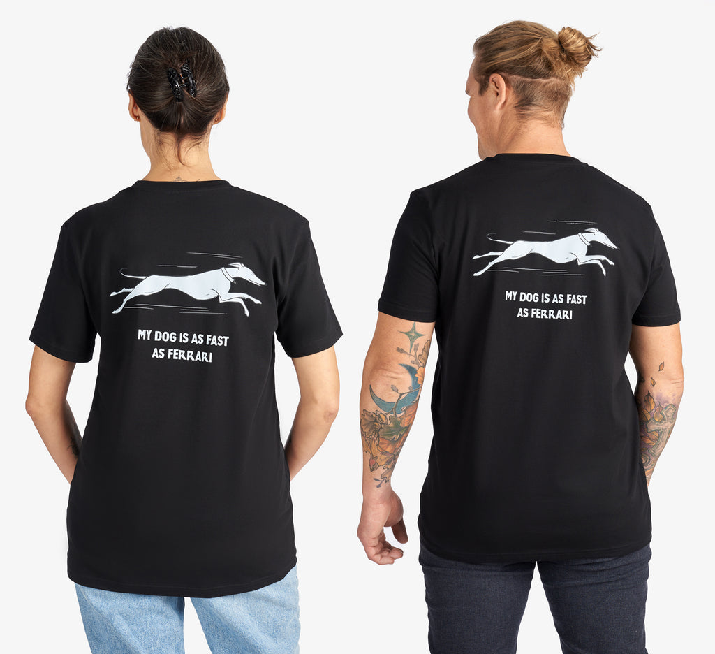 Black Couple T-Shirts “My Dog Is as Fast as Ferrari” (Back Graphic)