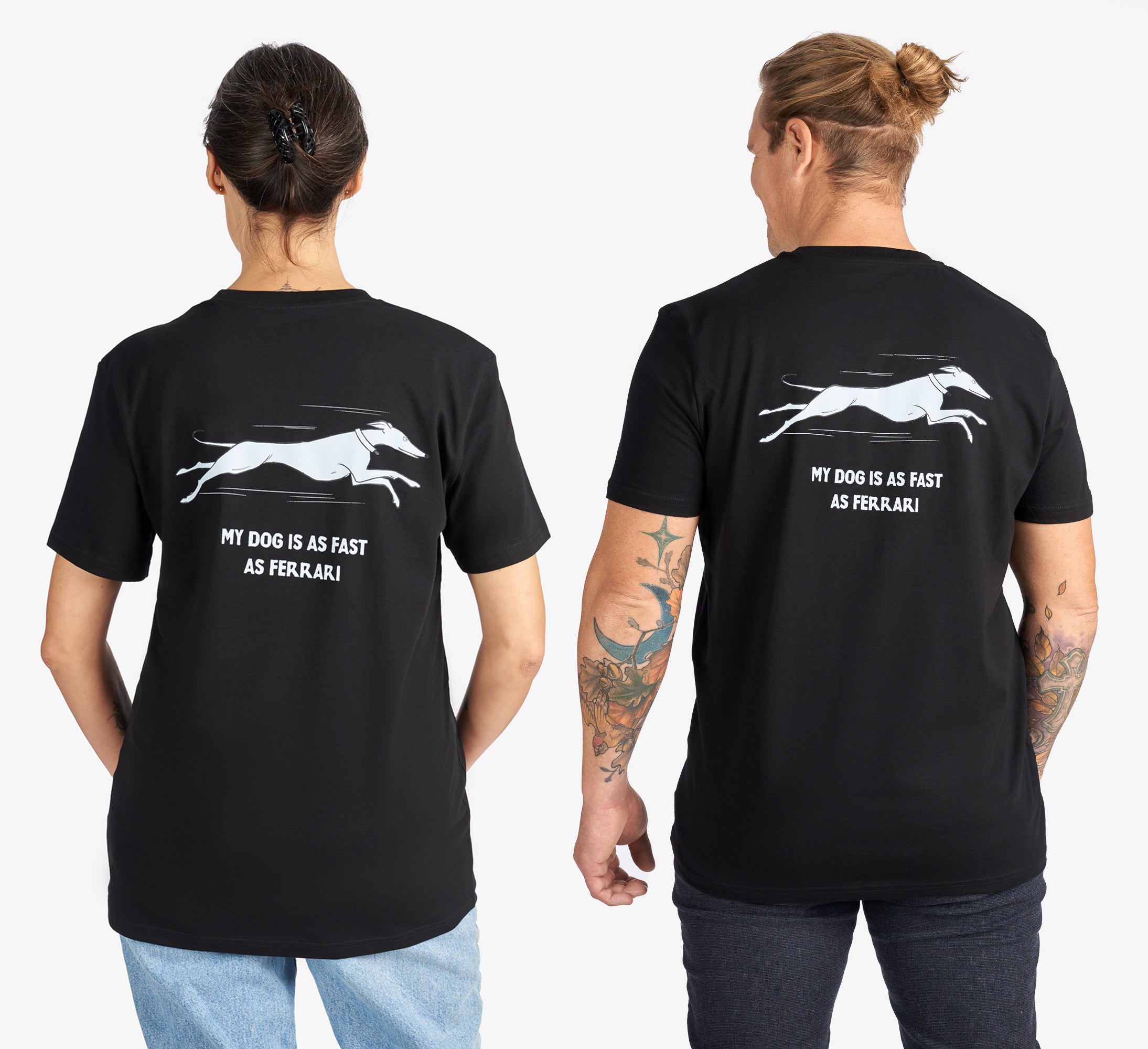 Black Couple T-Shirts “My Dog Is as Fast as Ferrari” (Back Graphic)